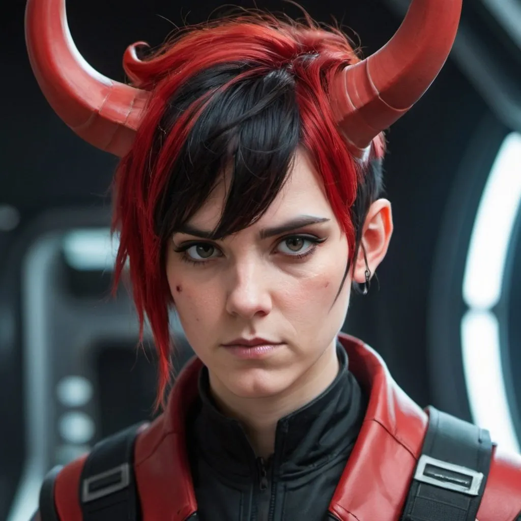 Prompt: Sci-fi protagonist with horns and red and black hair 