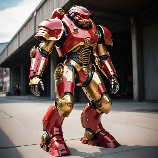 Prompt: Red and gold bio mechanical power armor 