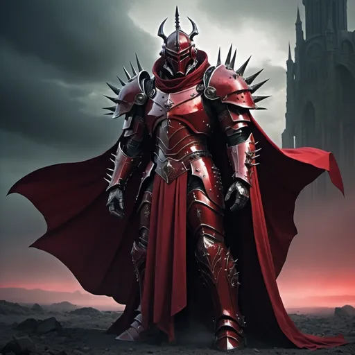 Prompt: Sci-fi male king with gothic power armor with a Scarlet shoulder cape and knight helmet 