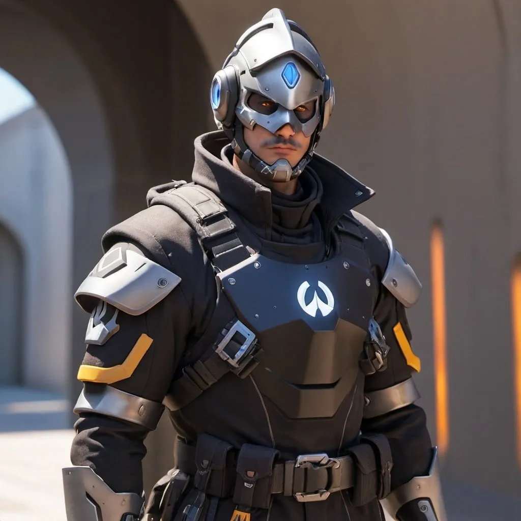 Prompt: Male overwatch soldier with Knight helmet in black and has a trench coat 