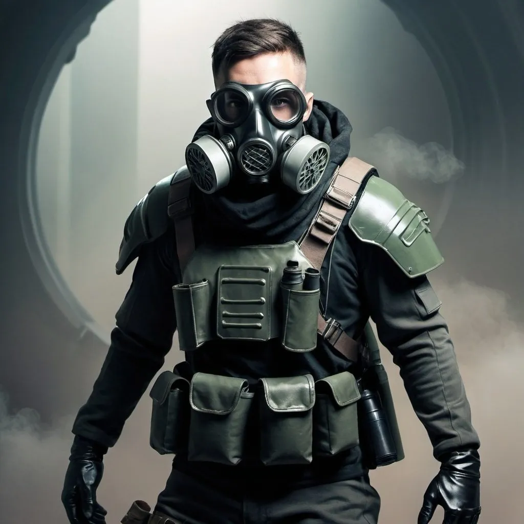 Prompt: Sci-fi soldier with shoulder cape and gasmask 