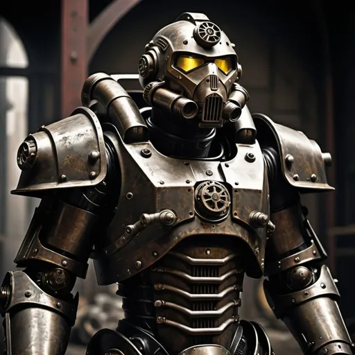 Prompt: Dieselpunk fallout power armor with gothic design and shoulder cape 