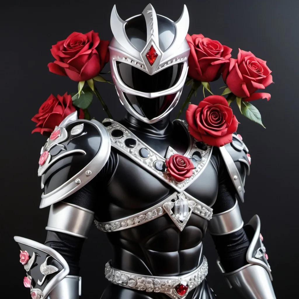 Prompt: Knight power ranger in black and silver with crystal roses 