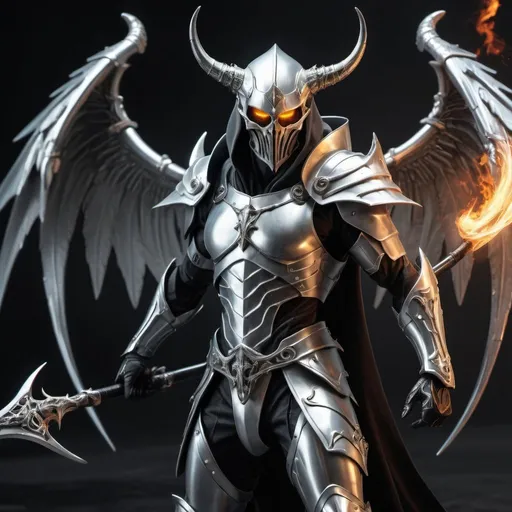 Prompt: Badass sci-fi elf soldier with horns and scythe in silver armor with hooded masked helmet and blazing wings of energy
