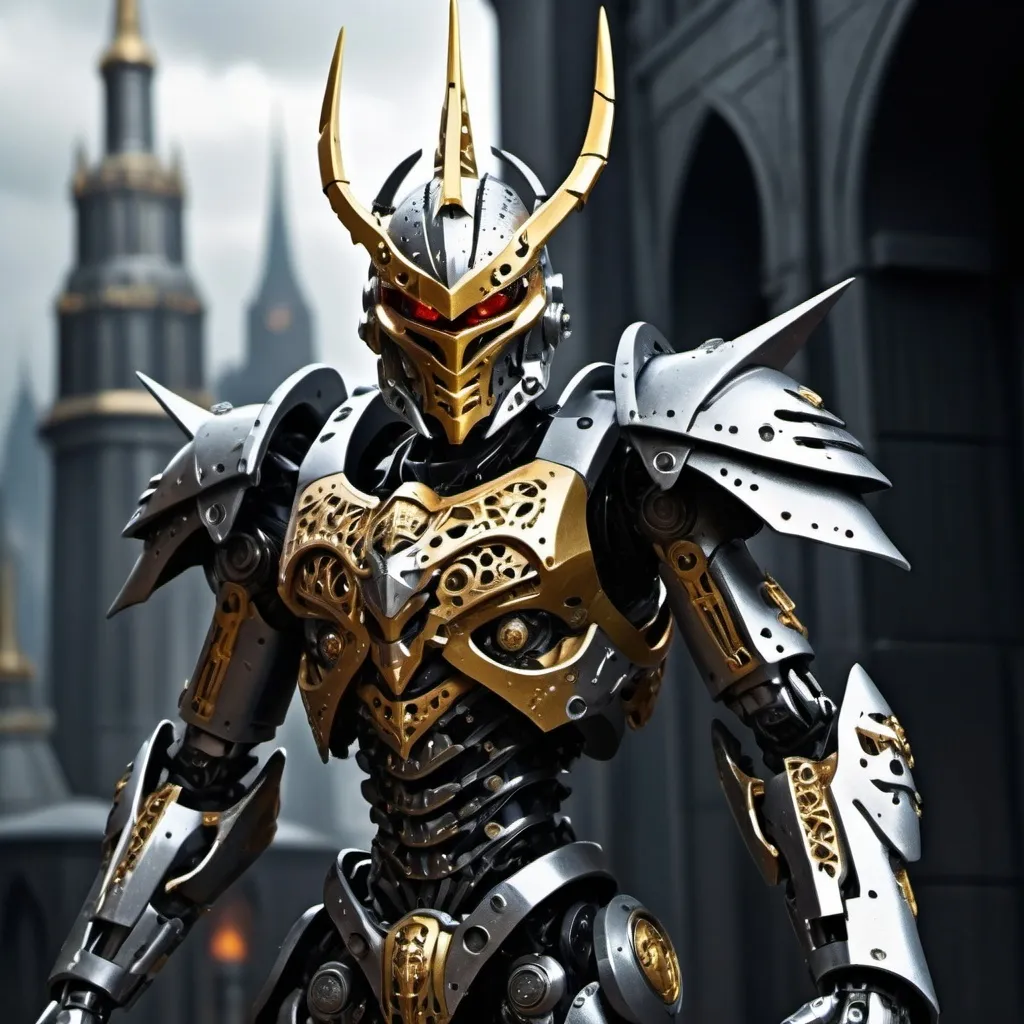 Prompt: Sci-fi Bionicle soldier with gothic design in gold and silver with a spiked crown and shoulder cape