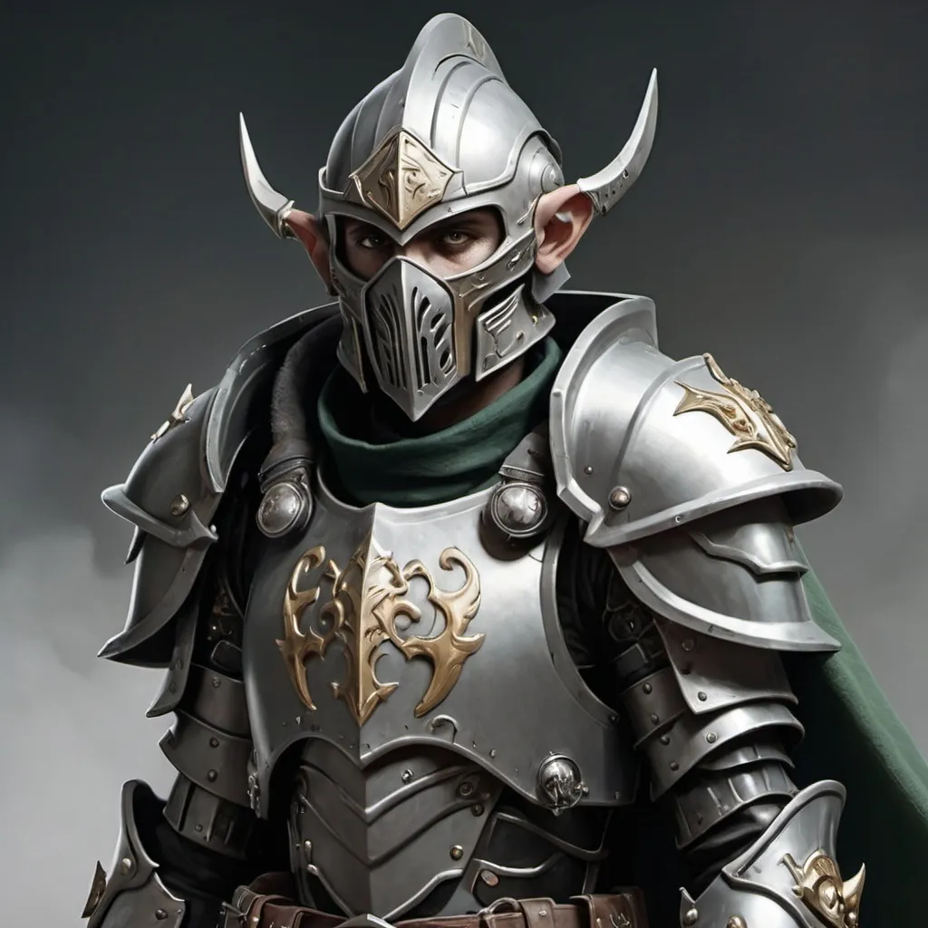 Prompt: Sci-fi male elf soldier that has norse and gothic design armor with a shoulder cape in Warhammer 40k power armor with knight helmet that has facemask 