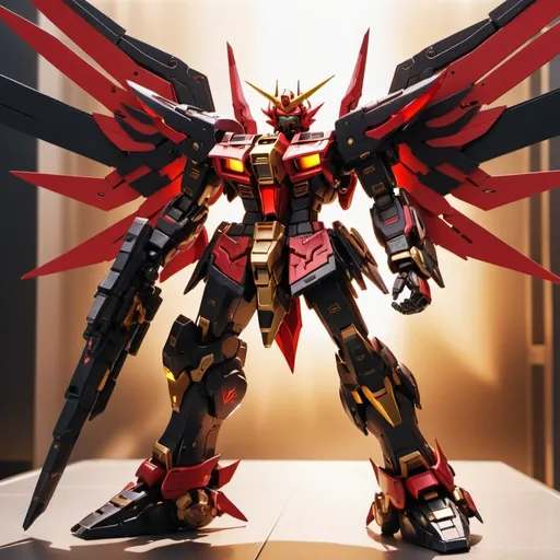 Prompt: (Devil gundam mech), impressive (red and black blazing energy wings), (dynamic action pose), intricate mechanical design, high-tech details, illuminated with (golden sunlight radiance), dramatic shadows enhancing the powerful presence, futuristic backdrop, intense atmosphere, awe-inspiring, ultra-detailed, 4K quality, visually striking composition.