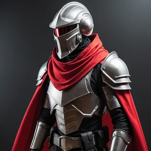 Prompt: Sci-fi soldier with shoulder cape and Knight helmet in red