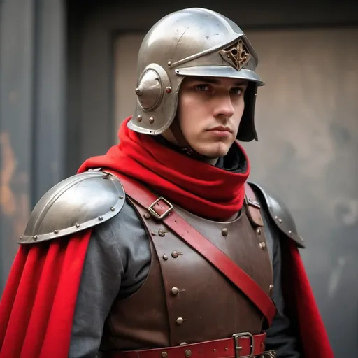 Prompt: Dieselpunk soldier with Knight helmet and has on a scarlet shoulder cape