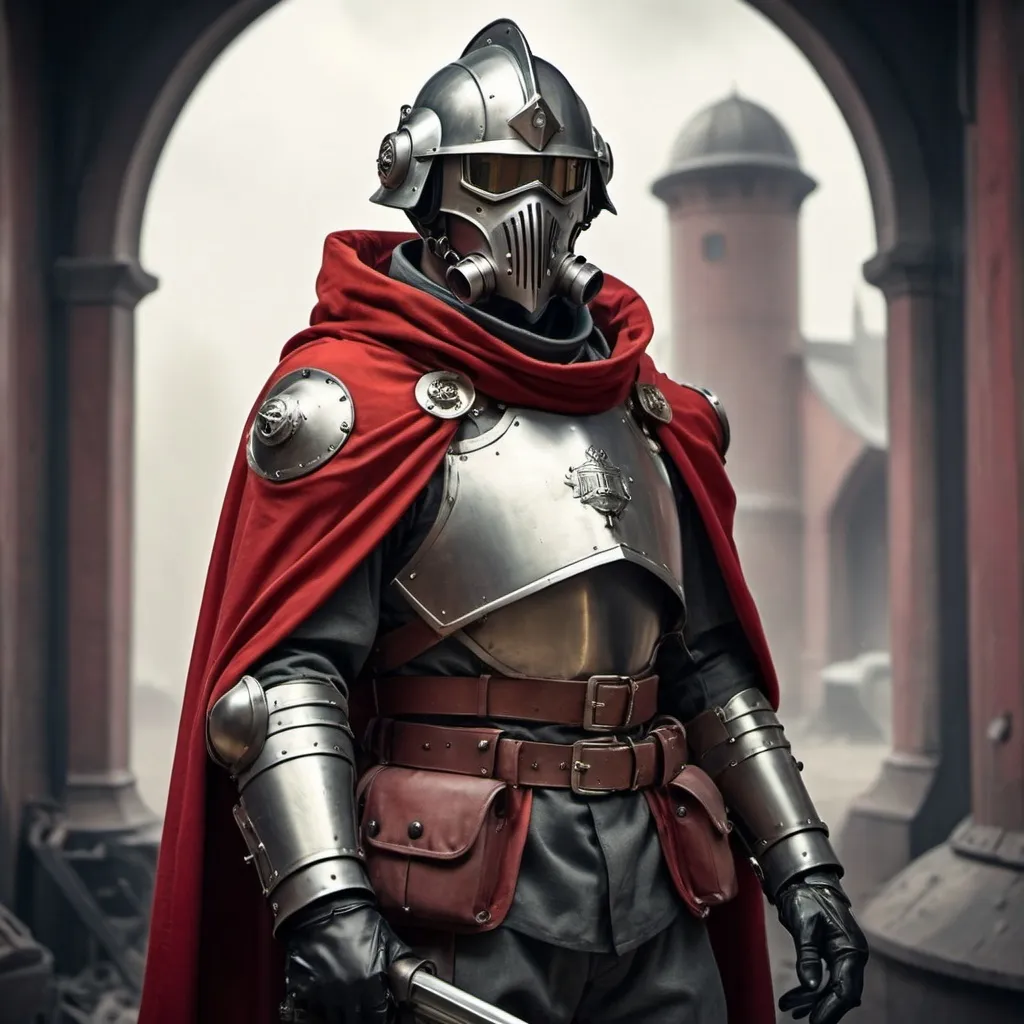 Prompt: Dieselpunk soldier with Knight helmet and has on a scarlet shoulder cape with dieselpunk power armor 