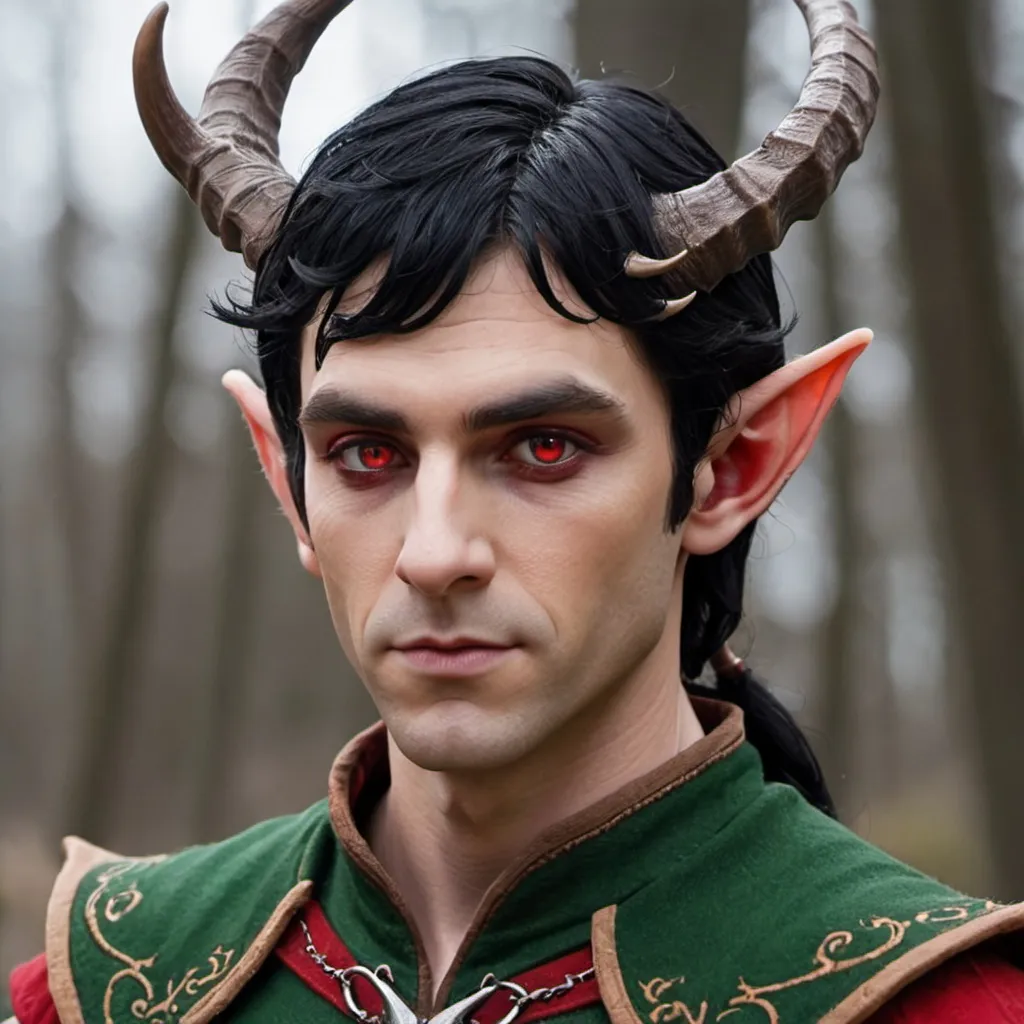 Prompt: Male elf with horns and black hair and red eyes 