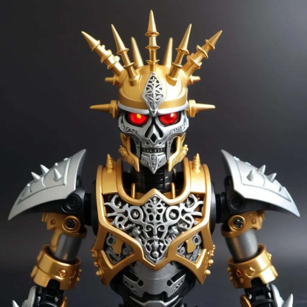 Prompt: Sci-fi Bionicle soldier with gothic design in gold and silver with a spiked crown 