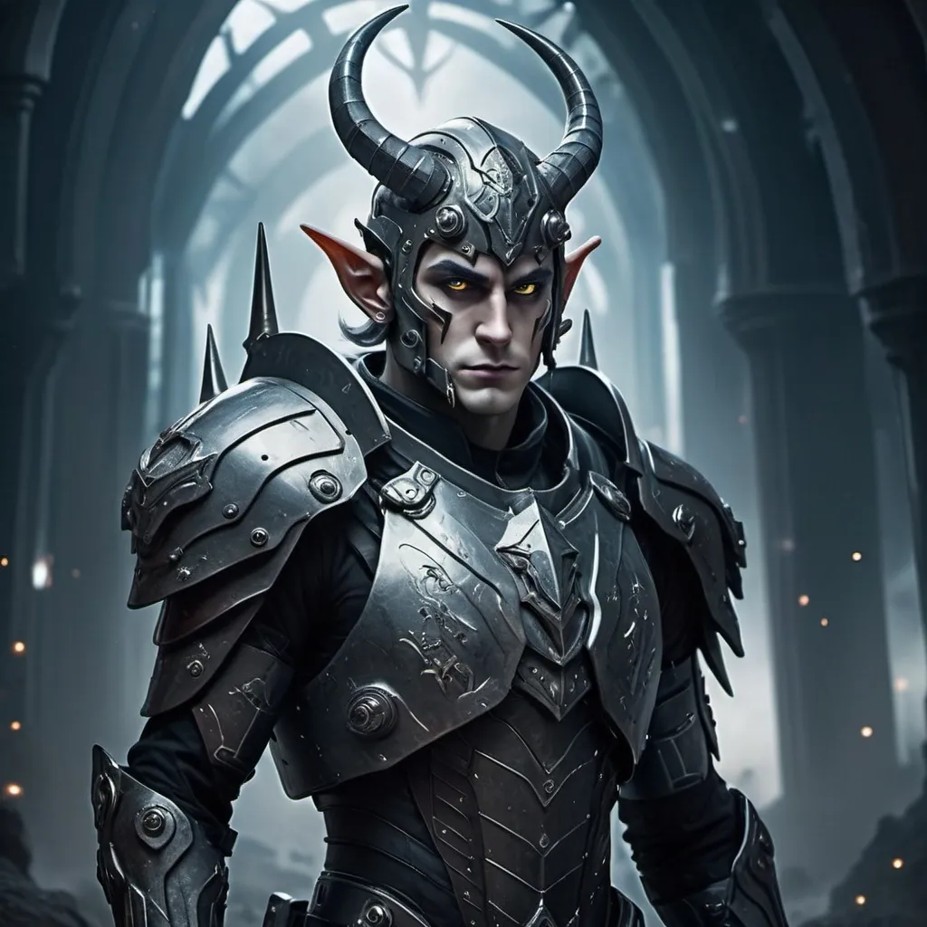 Prompt: Sci-fi male elf soldier with horns in power armor with gothic design 