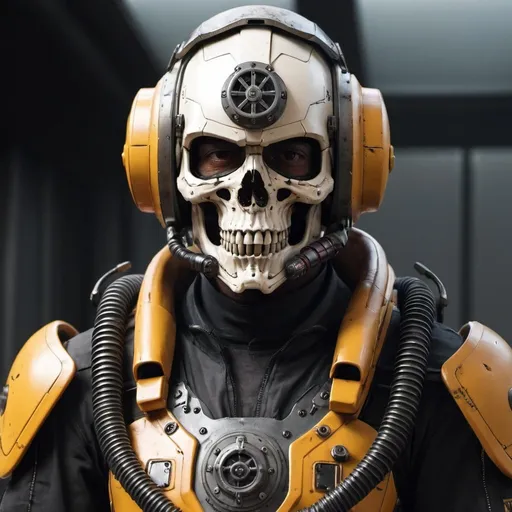 Prompt: Male mech pilot with skull helmet 