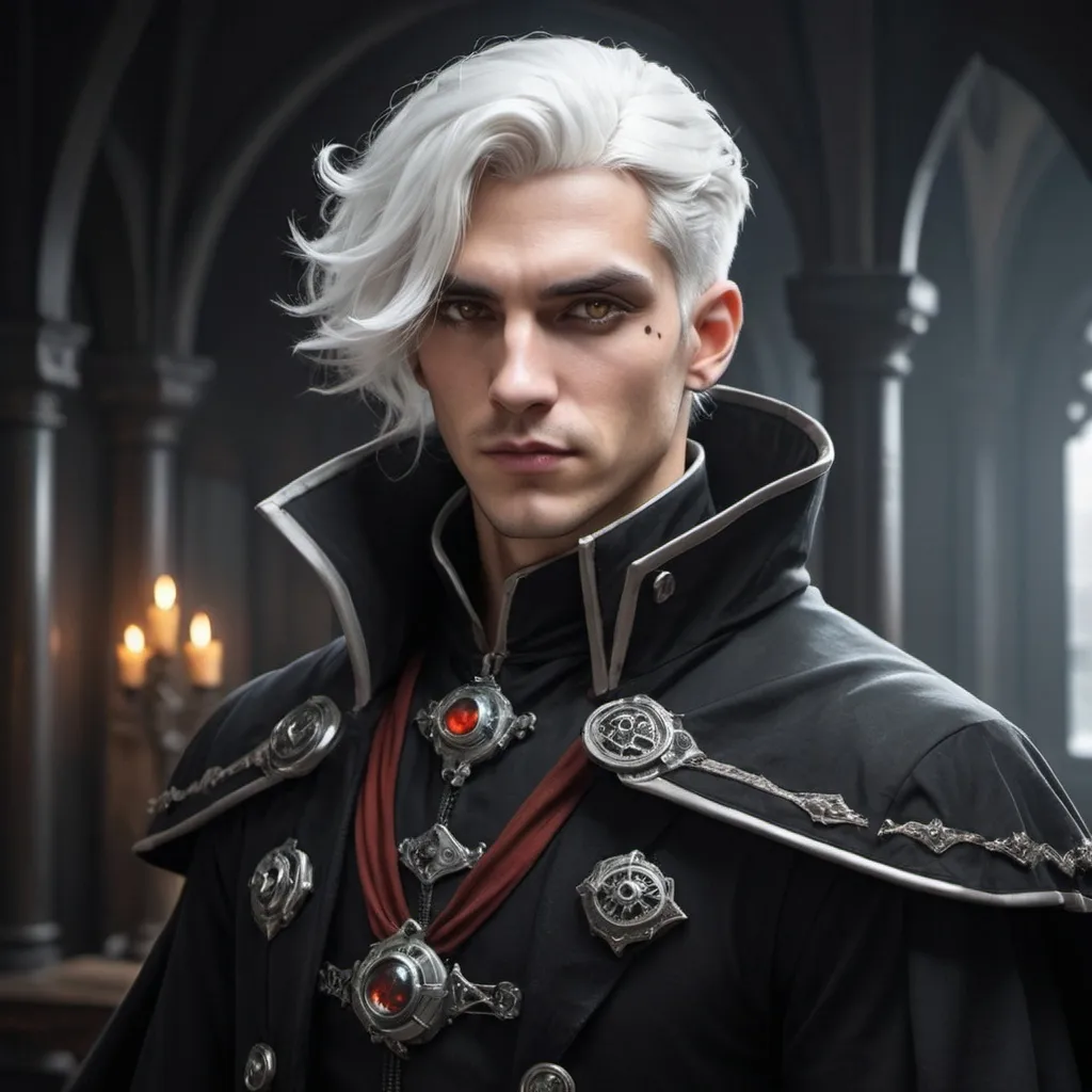 Prompt: Dieselpunk male protagonist with gothic design and shoulder cape that also has snow white hair and amber eyes