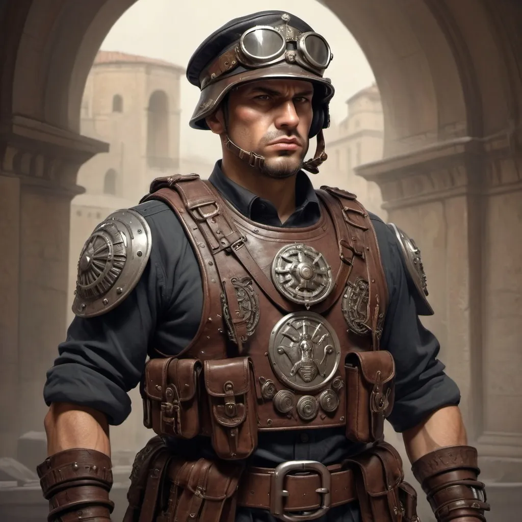 Prompt: Dieselpunk mercenary with roman design 