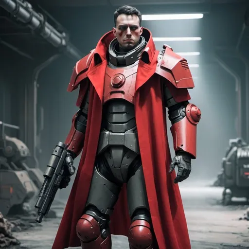 Prompt: Sci-fi soldier in power armor with a shoulder cape and trench coat in red