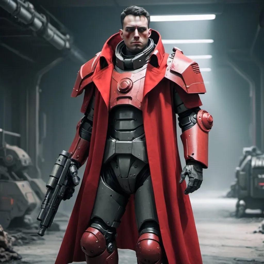 Prompt: Sci-fi soldier in power armor with a shoulder cape and trench coat in red