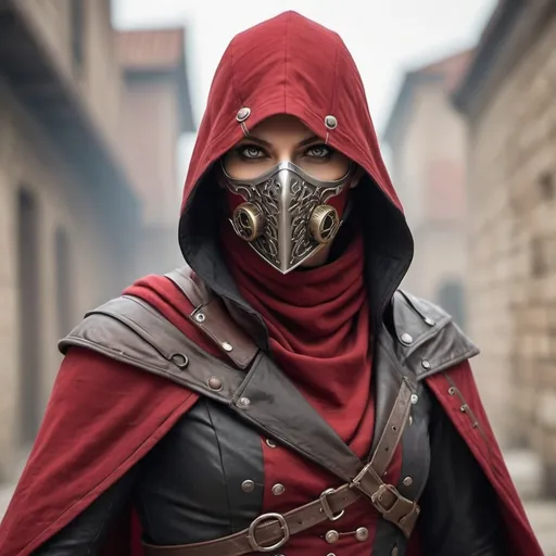 Prompt: Dieselpunk assassin in assassin creed style with facemask with Crimson shoulder cape