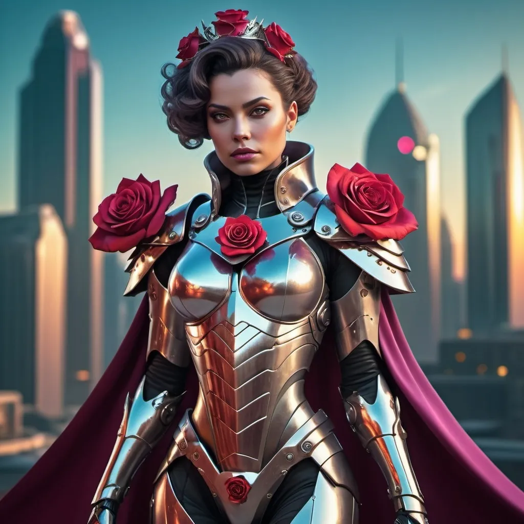 Prompt: Sci-fi female queen with power armor and a rose shoulder cape 