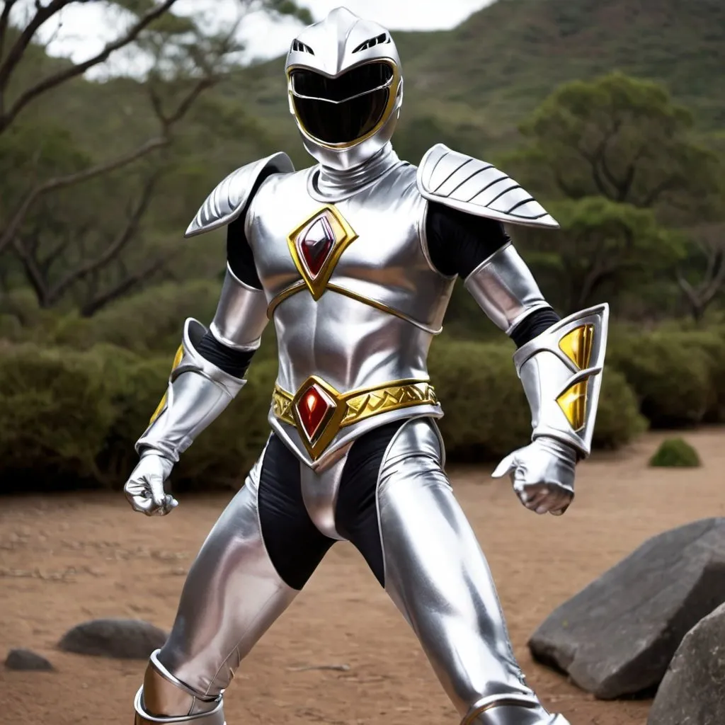 Prompt: Power ranger Knight in silver 