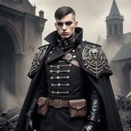 Prompt: Dieselpunk soldier with gothic design and shoulder cape 