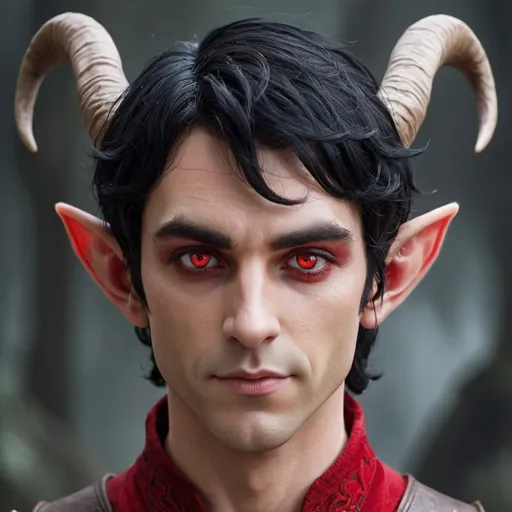 Prompt: Male elf with horns and black hair and red eyes 