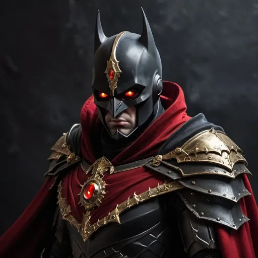 Prompt: Dark fantasy Knight with one gold eye and one red eye with shoulder cape 