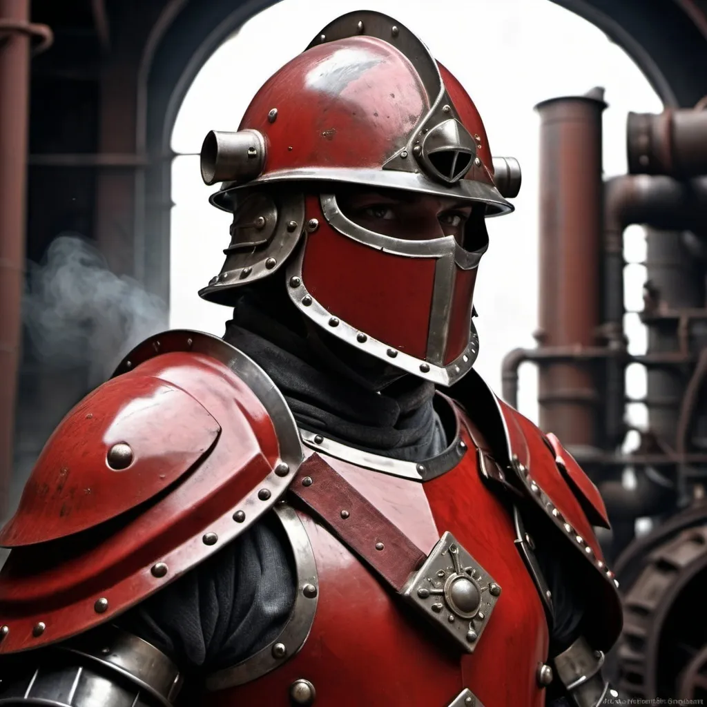 Prompt: Dieselpunk soldier with Knight helmet and has on a scarlet shoulder cape