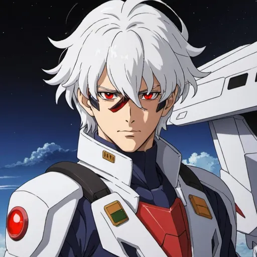 Prompt: Male anime with white hair in pilot suit from gundam with red eyes