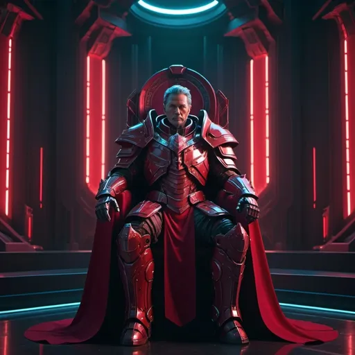 Prompt: Sci-fi male emperor with crimson shoulder cape and power armor 