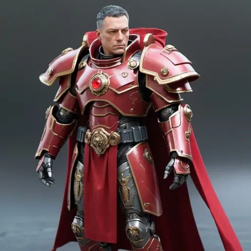 Prompt: Sci-fi male emperor with crimson shoulder cape and power armor 