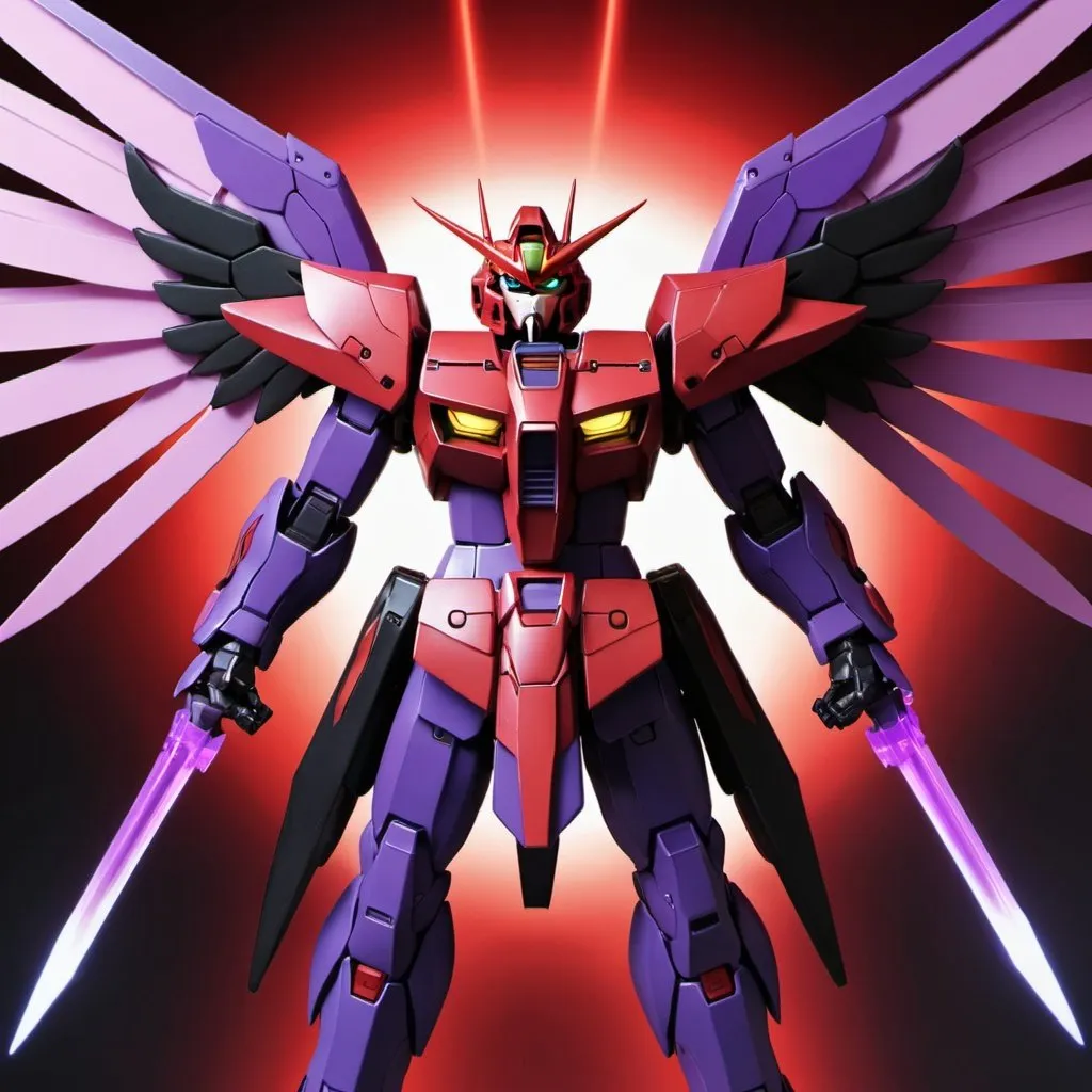 Prompt: Gundam devil with energy wings in red and purple and black with halo