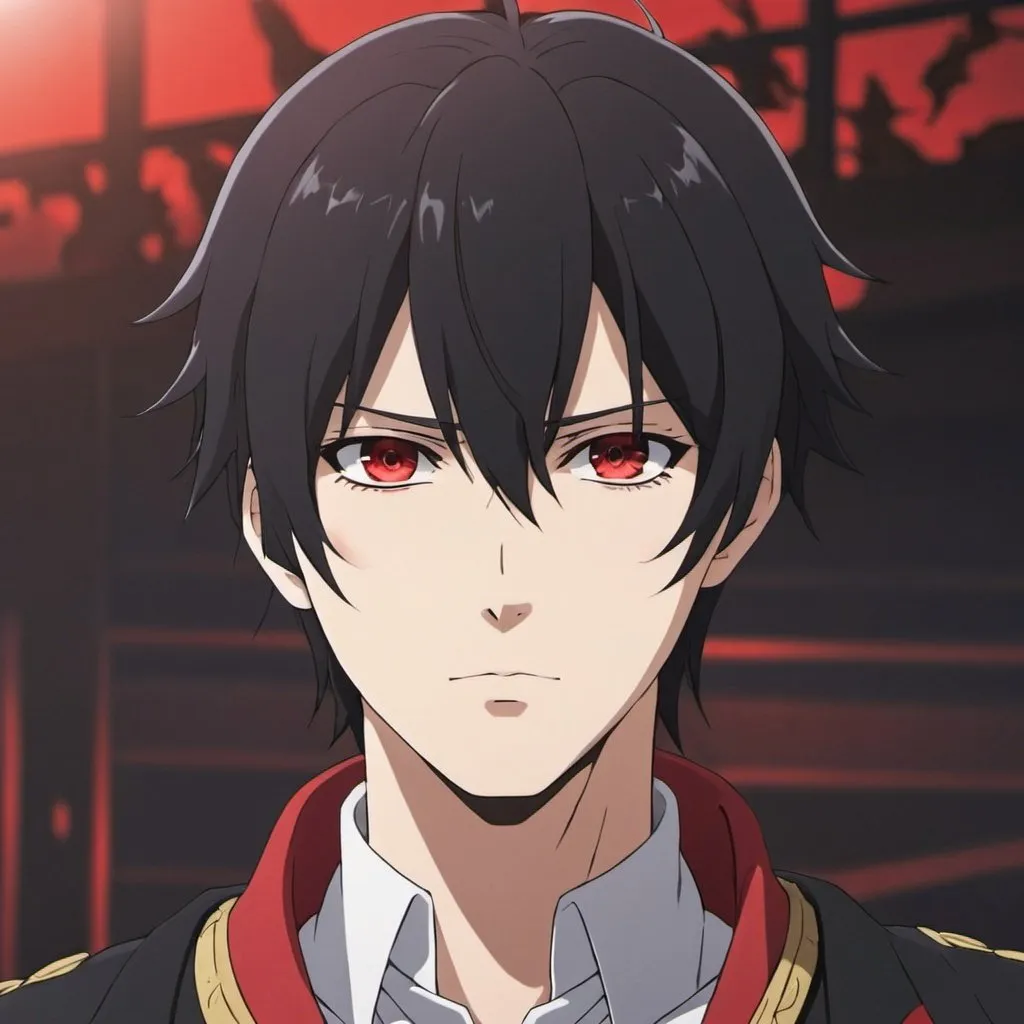 Prompt: Male Anime protagonist with black hair and scarlet eyes 