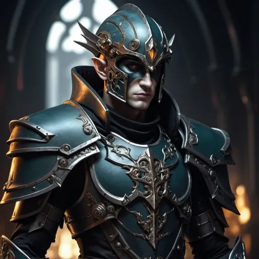 Prompt: Sci-fi male elf with Warhammer 40k armor design and shoulder cape with a sleek motif but also has a gothic design and has on an Knight helmet  with mask 