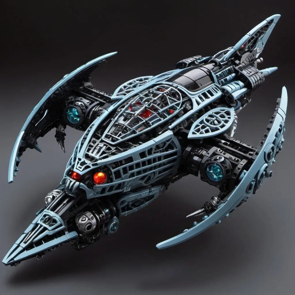 Prompt: Sci-fi Bionicle space ship with gothic design 