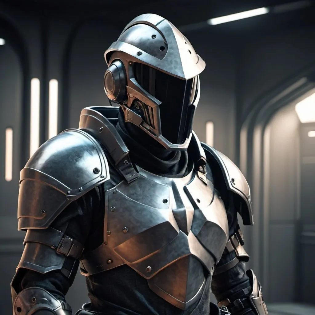 Prompt: Sci-fi soldier with Knight helmet 