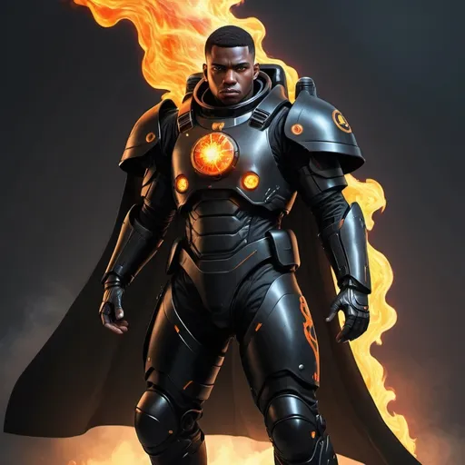 Prompt: Sci-fi male soldier in black power armor with energy cape with a bit of flame