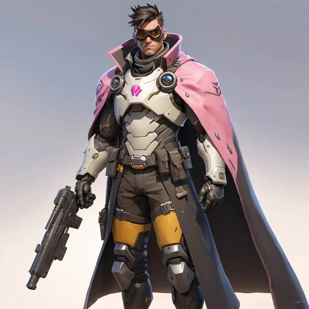 Prompt: Male overwatch soldier with Knight helmet in black and has a trench coat with a cape on the left shoulder in rose