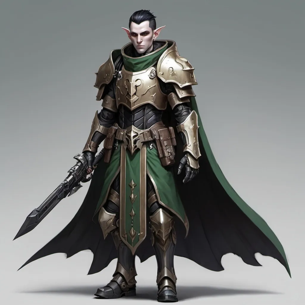 Prompt: Sci-fi male elf with Warhammer 40k armor design and shoulder cape with a sleek motif but also has a gothic design and helmet that has facemask 