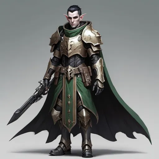 Prompt: Sci-fi male elf with Warhammer 40k armor design and shoulder cape with a sleek motif but also has a gothic design and helmet that has facemask 