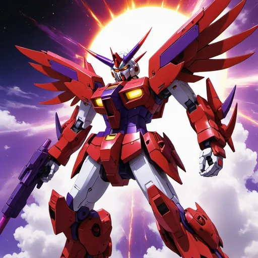 Prompt: Devil gundam mech with wings of red and purple energy blazing like the sun