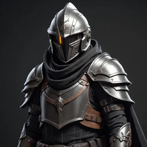 Prompt: Sci-fi mercenary with shoulder cape that has Knight helmet and a gothic design 