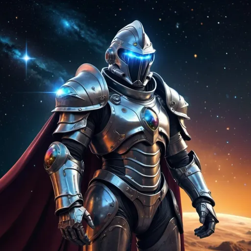 Prompt: Sci-fi knight in power armor with shoulder cape and an cosmic orb head 