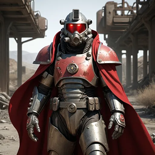 Prompt: Sci-fi soldier wearing fallout power armor with roman design with a crimson hooded helmet and shoulder cape 