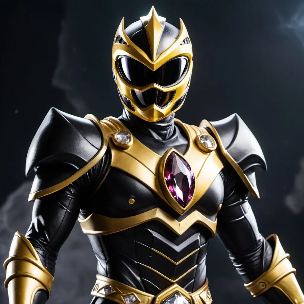 Prompt: Evil black and gold power ranger knight with crystal eclipse in the middle of the chest 