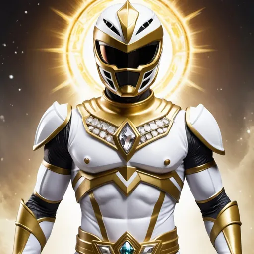 Prompt: White and gold power ranger spartan with crystal sun in the middle of the chest 