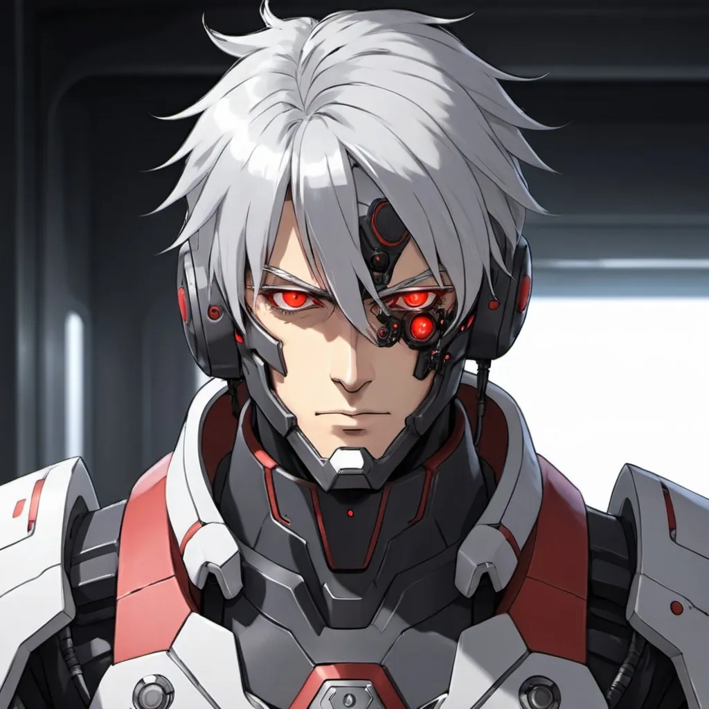 Prompt: Male Anime mech pilot with red eyes and silver hair 