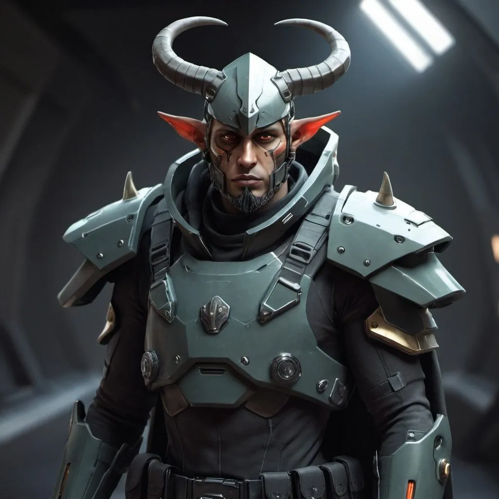 Prompt: Sci-fi soldier with shoulder cape and horns