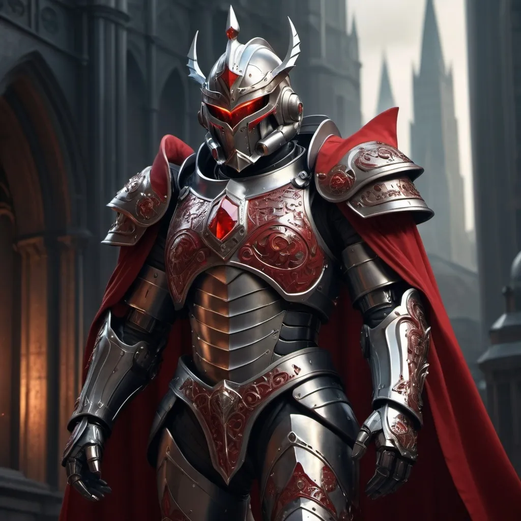 Prompt: Sci-fi male king with gothic power armor with a Scarlet shoulder cape and knight helmet 